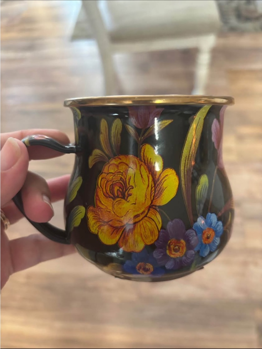 MacKenzie-Childs Black Mug with Floral Motif and Gold Trim $20 each 8 available